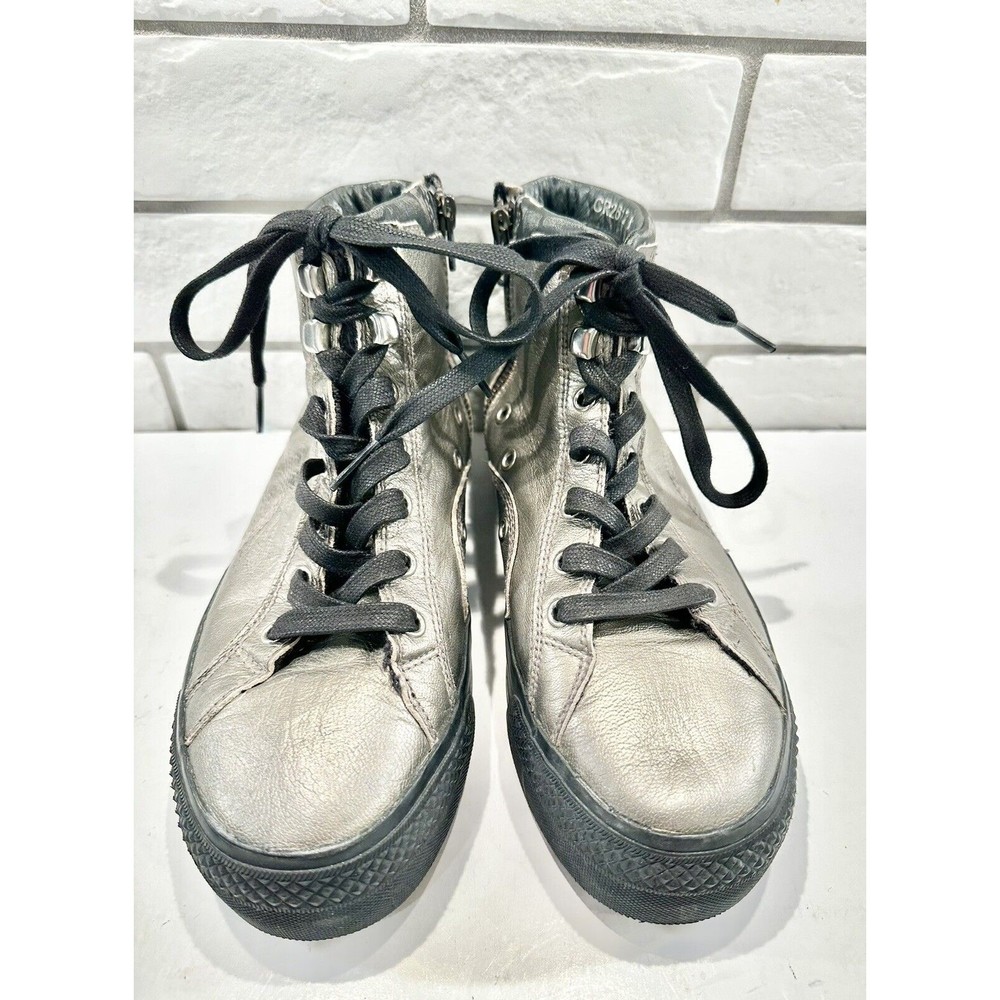 Crime London Silver‎ Leather Distressed Studded Zipper High Top Sneakers 36/6